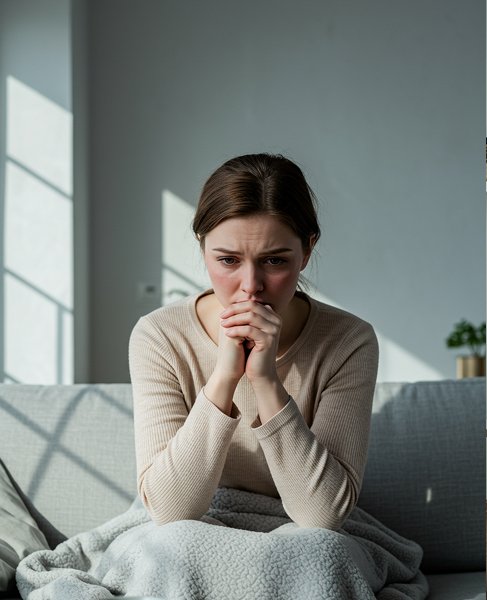 Девушка тревожится сидя на диване