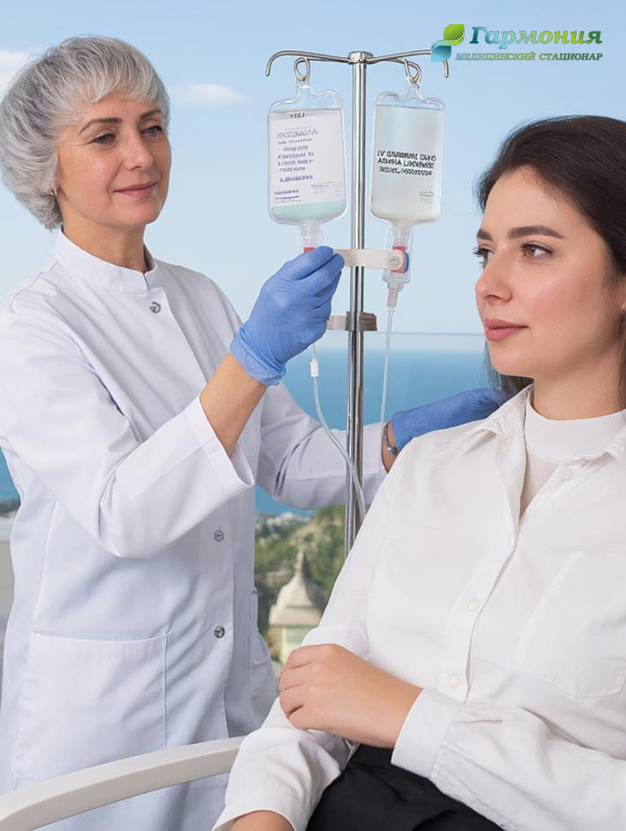 Врач и пациент с капельницей на фоне берега Степногорска
