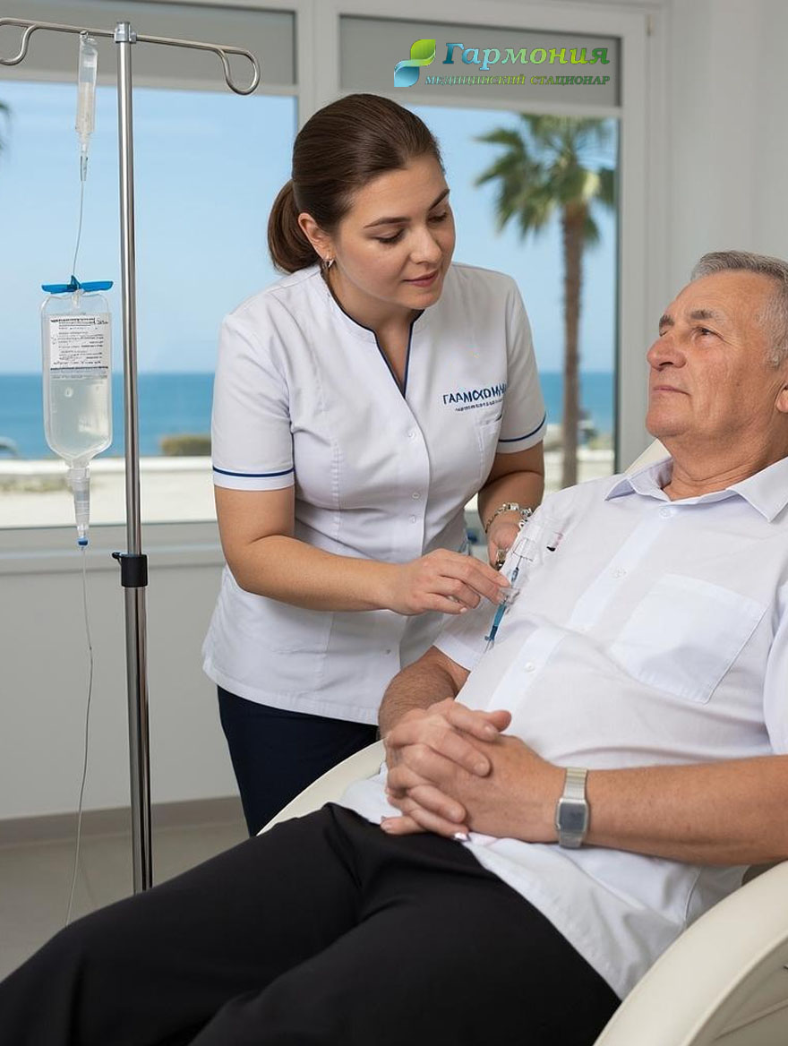 Врач и пациент с капельницей на фоне берега Степногорска