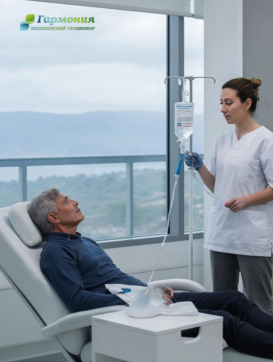 Врач и пациент с капельницей на фоне берега Степногорска